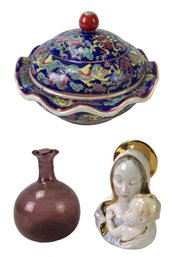 Hand Blown Amethyst Glass Vase, Japanese Covered Dish & Italian Madonna & Child Figure - #FS-3