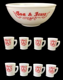 Vintage McKee Tom & Jerry Milk Glass Punch Bowl Set - #S10-2