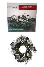 Cider House Chrome & Glass Tealight Candelabra With Bay Leaf Wreath (NEW) - #S4-3