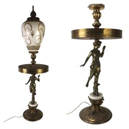 Mid-Century Grecian Brass Table Lamp With Ornate Glass Lamp Shade (WORKS) - #W1