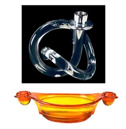 Mid-Century Modern Orange Art Glass Candle Holder & Lucite Pretzel Candle Holder - #S8-2