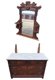 Eastlake Carved Walnut Marble Top Washstand / Dresser With Mirror - #BR