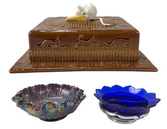Bordallo Pinheiro Cat & Mouse Cheese Tray With Lid, Fenton Carnival Glass & Farber Bros. Dish - #S10-1