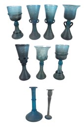 Vintage Venetian Blue Pulegoso Hand Blown Glass Goblets, Vase & Candlestick - #S2-4