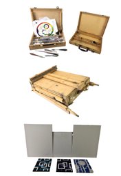 Wood Art Easel, Wood Paint Boxes (1 With Contents) & Canvases - #BT-F