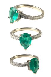 18K White Gold Pear Cut Emerald & Diamond Ring, Size 6 - #JC-B