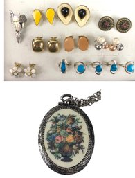 Sarah Coventry Cross Stitch Print Pendant Necklace, Mexican Rings & Vintage Clip-On Earrings - #JC-R