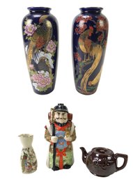 Vintage Japanese Kamotsuru Sake Bottle, Cobalt Blue Vases, Hadson Teapot & Sake Flask - #S6-4