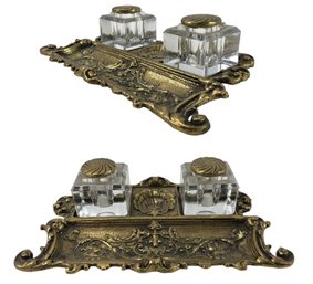 Antique Art Nouveau Brass Double Inkwell Set - #FS-4