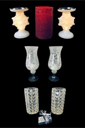 Flameless Pillar, Valerie Hill Snowflake Pillar Pedestal, Frosted & Faceted Gem Glass Hurricanes - #S19-2