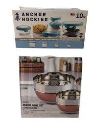Anchor Hocking 10-Piece Glass Food Storage Containers & 3-Piece Steel Mixing Bowls (NEW) - #S4-2