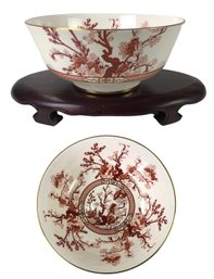 Coalport Indian Tree Coral Bone China 10-Inch Bowl With Carved Wood Stand - #S8-2