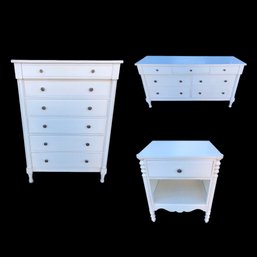 Ethan Allen Country White Bedroom Set: 7-Drawer Dresser, 6-Drawer Chest & Nightstand - #BR