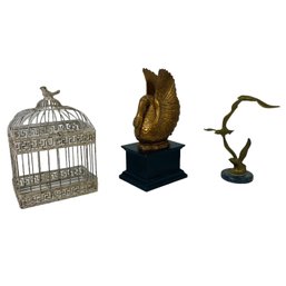 Vintage Brass Seagull Sculpture, Bird Cage Card Box & Swan Sculpture - #S8-2