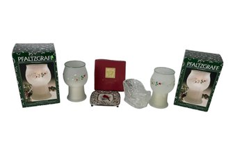 Pfaltzgraff Winterberry Candle Holders, Lenox Winter Greetings Trivet & Lead Crystal Sleigh - #S11-2