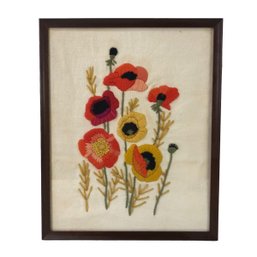 Vintage 1970s Poppy Flower Crewel Embroidery, Framed - #R3