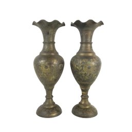 Vintage Pair Of Floral Etched Brass Vases , India - #S10-2
