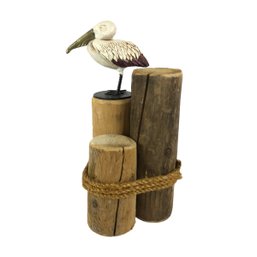 Painted Brass Pelican Figure On Wood Pilings - #FS-4