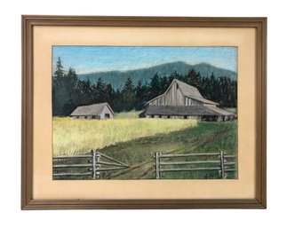 Framed 1970s Farm Landscape Pastel On Paper, Signed - #A11