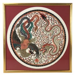Vintage Framed Thai Leather Art: Dragon & Phoenix - #A3