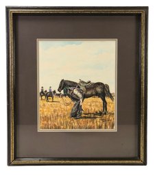 Western Cowboy Landscape Watercolor Painting, Signed - #A2