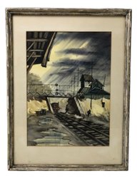 Mid-Century Urban Railway Watercolor Painting, Signed E.J. Anderson - #C1