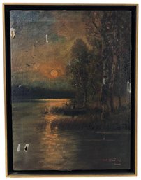 Antique 'Fishing At Dusk' Lakeside Landscape Oil On Canvas Painting, Signed - #C2