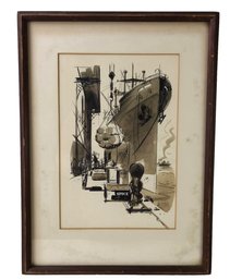 Signed 1930s Ocean Liner Gouache, Ink & Watercolor Illustration - #A1