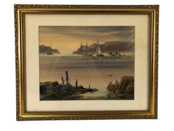 Framed Ships Harbor Watercolor Painting, Signed Torre - #A3