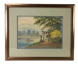 Signed Shumin Ota Japanese Torii Entrance River Landscape Watercolor Painting - #RBW-W