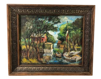 Mid-Century River Canal Landscape Oil On Canvas Painting, Framed - #A2