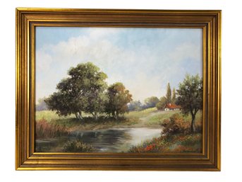 Signed Impressionist Cottage By The Creek Landscape Oil On Canvas Painting - #A2