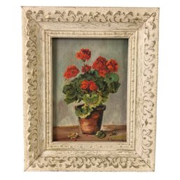 Mid-Century Geranium Still Life Oil On Board Painting, Signed - #RBW-W