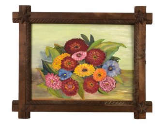 Mid-Century Floral Still Life Oil On Board Painting With Adirondack Carved Wood Frame - #S19-FL