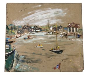 New England Fishing Harbor Gouache & Charcoal Painting On Paper - #S28-2