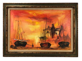 Boats In Harbor Oil On Canvas Painting, Signed Ruckel Paris - #LBW-W