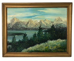 Framed Lakeside Mountain Landscape Oil On Board Painting, Signed Guy Wiggins - #A11
