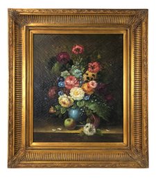 Antique Still Life Floral Bouquet Oil On Canvas Painting With Gilt Frame - #SW-7