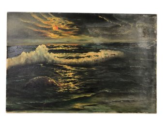 Mid-Century Sunset Seascape Oil On Canvas Painting, Signed - #SW-7