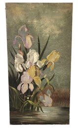 Antique Irises By The Pond Still Life Oil On Canvas Painting - #A5