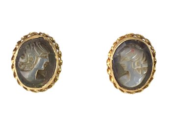 14K Yellow Gold Mother-Of-Pearl Cameo Stud Earrings - #JC-B