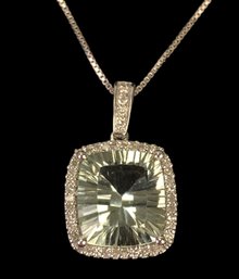 14K White Gold Prasiolite Quartz & Diamond Pendant Necklace - #JC-B