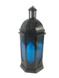 Moroccan Style Metal & Blue Glass Lantern - #S16-5