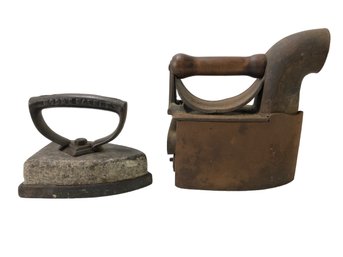 Antique 1867 Hood's Patent Soapstone Sad Iron & Cast Iron Coal Iron With Wood Handle - #S3-4