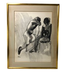 Mid-Century Seated Nude Study Charcoal On Paper, Signed - #A11