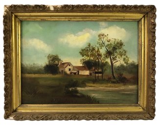 Antique Impressionist Country Landscape Oil On Canvas Painting, Gilt Framed - #A9