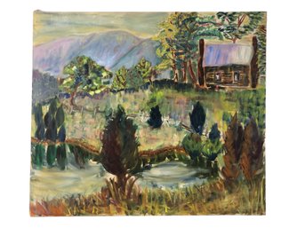 Log Cabin Countryside Oil On Canvas Painting - #S20-F