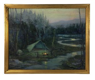 1938 Framed Campsite Landscape Oil On Board Painting, Signed B. Quinn - #C1