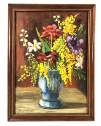 Mid-Century Floral Still Life Oil On Board Painting, Signed S. Edberg - #C1