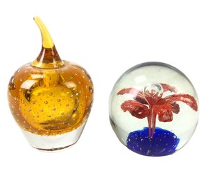 Vintage Blown Glass Golden Apple & Flower Paperweights - #FS-4